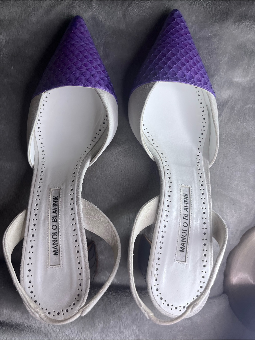 Manolo Blahnik Purple and White Pointed-Toe Slingback Mules